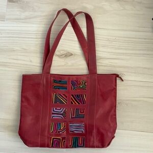 Mola Red Leather Shoulder Bag Tote Purse Handmade From Panama